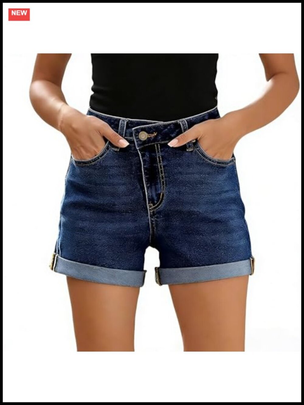 Womens Denim Shorts Mid Rise Ripped Folded Hem Stretchy Jean Shorts